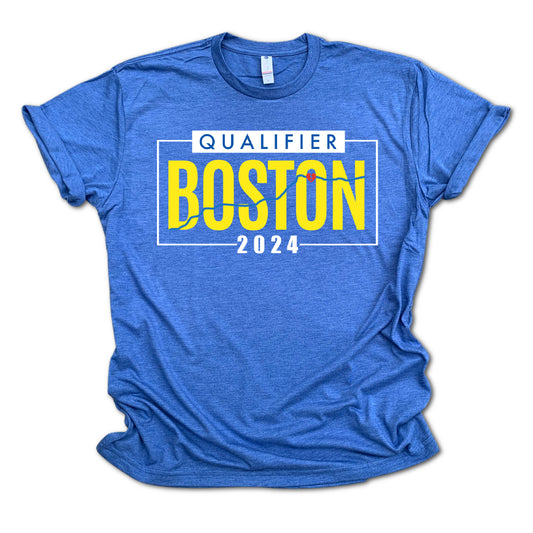 royal blue 2024 boston qualifier shirt with marathon route