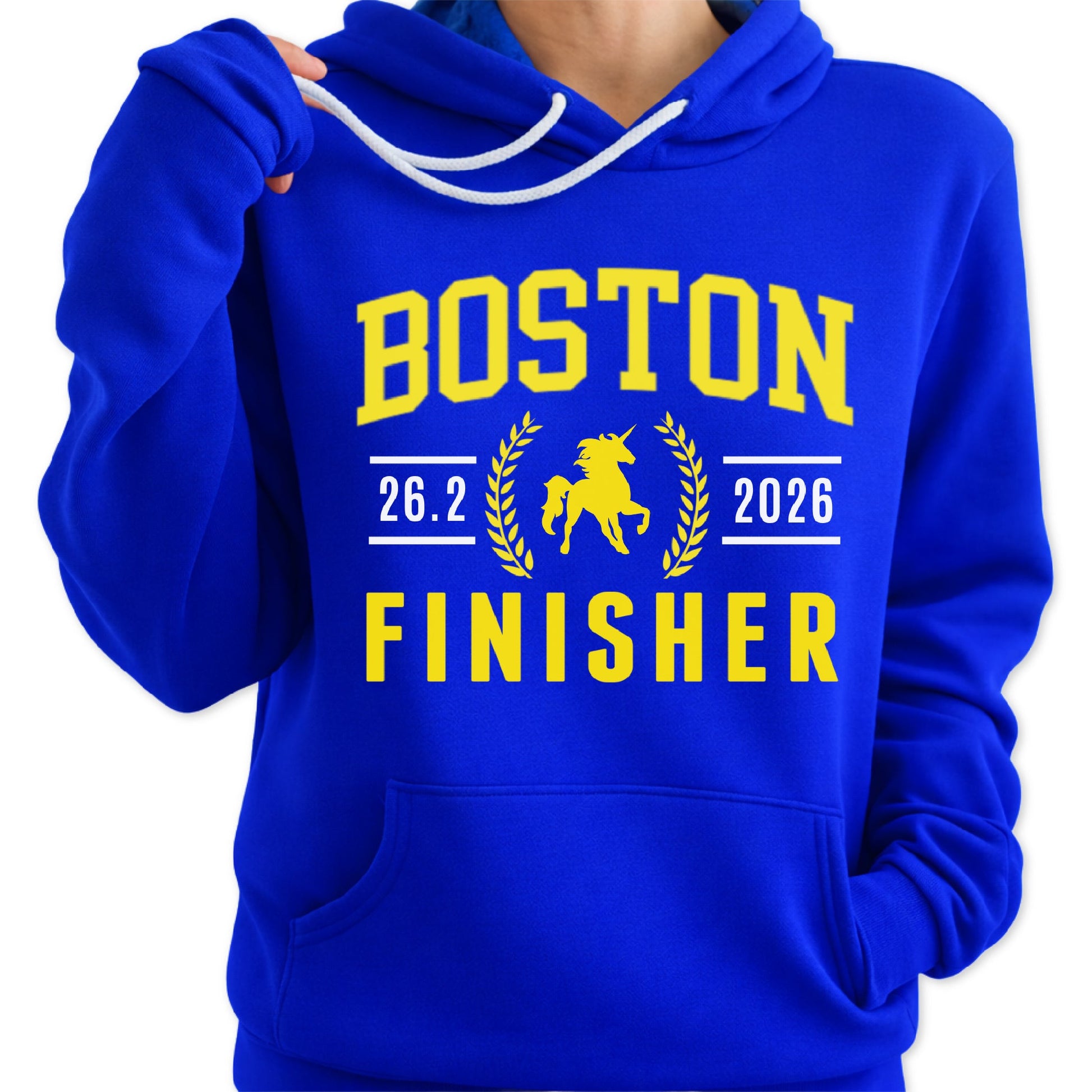 Blue hoodie with 'Boston 26.2 2026 Finisher' text and design on a white background