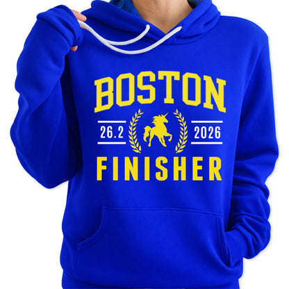 Blue hoodie with 'Boston 26.2 2026 Finisher' text and design on a white background
