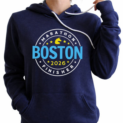 Navy blue hoodie with 'Boston 2026 Finisher' text and design on a white background