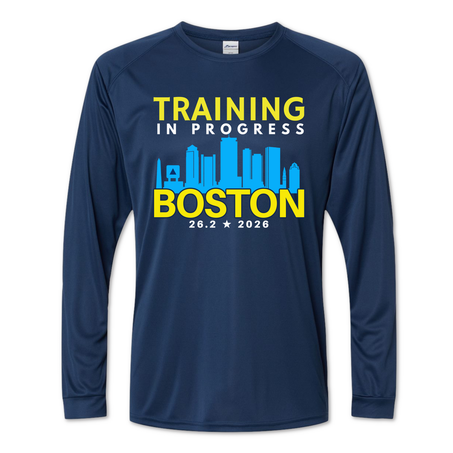 Navy long-sleeve shirt with 'Training in Progress Boston 28.2 2026' text and skyline graphic on a white background