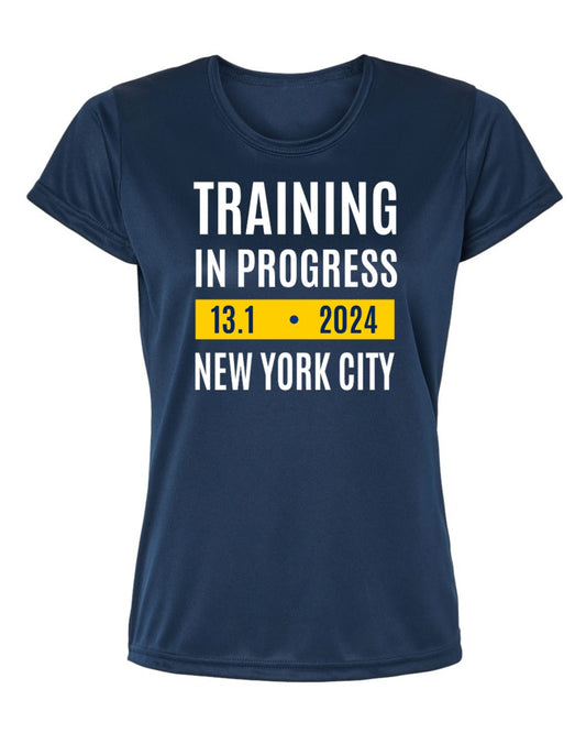 NYC half marathon training in progress running shirt in navy blue performance fabric