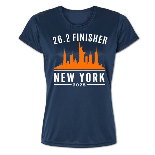 Navy blue t-shirt with '26.2 Finisher New York 2025' text and orange silhouette design on a white background