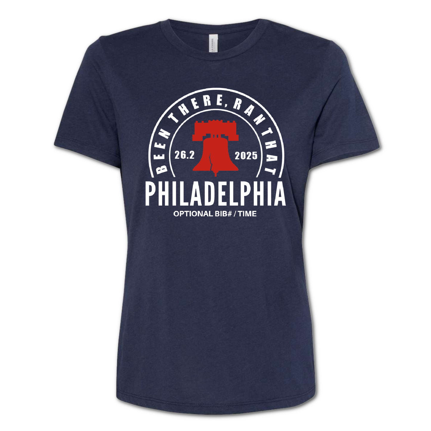 Navy blue t-shirt with Philadelphia marathon design on a white background