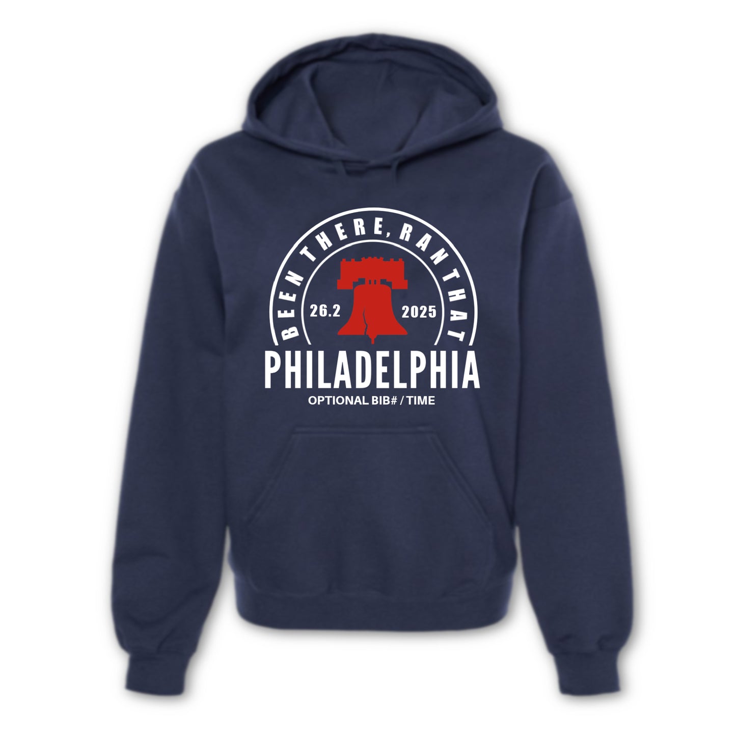 Navy blue hoodie with a graphic design on the chest against a white background