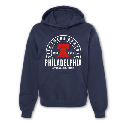 Navy blue hoodie with a graphic design on the chest against a white background