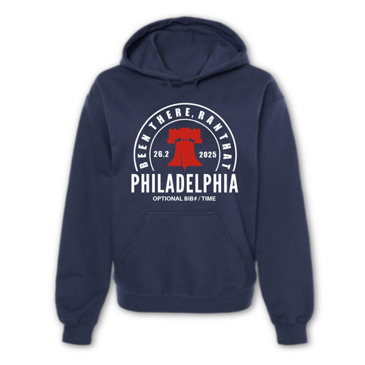 Navy blue hoodie with a graphic design on the chest against a white background