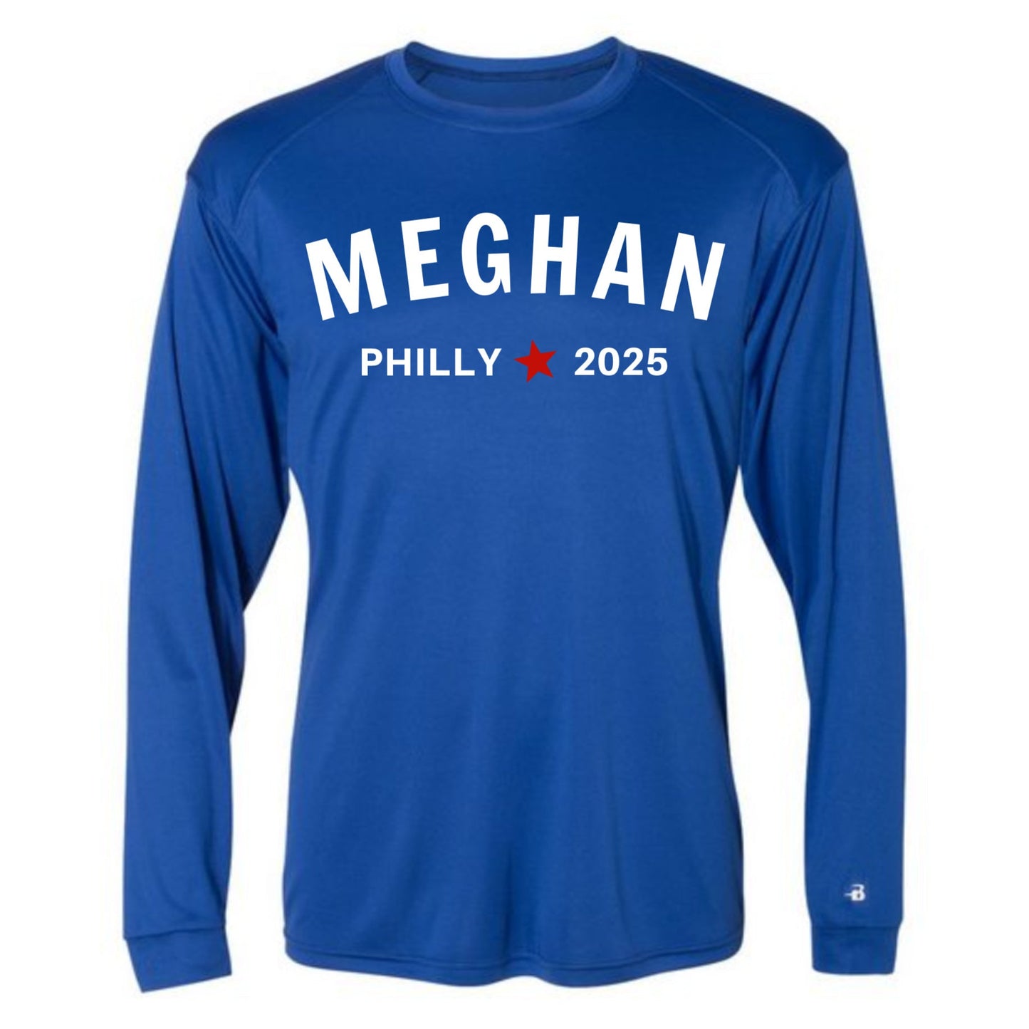 Blue long-sleeve shirt with 'MEGHAN PHILLY 2025' text on a white  background philadelphia marathon
