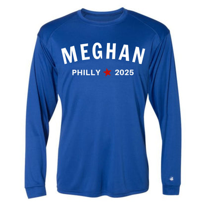 Blue long-sleeve shirt with 'MEGHAN PHILLY 2025' text on a white  background philadelphia marathon
