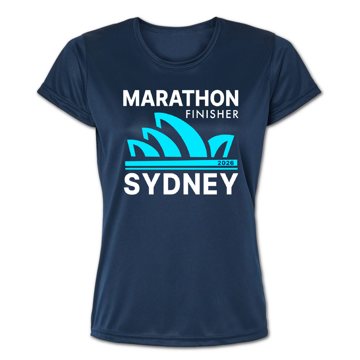 A navy blue short-sleeve crewneck t-shirt featuring a graphic print on the front. The design displays the text 'MARATHON FINISHER' and 'SYDNEY' in white, with a bright cyan Sydney Opera House silhouette and '2026' printed in white between the words.