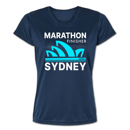A navy blue short-sleeve crewneck t-shirt featuring a graphic print on the front. The design displays the text 'MARATHON FINISHER' and 'SYDNEY' in white, with a bright cyan Sydney Opera House silhouette and '2026' printed in white between the words.
