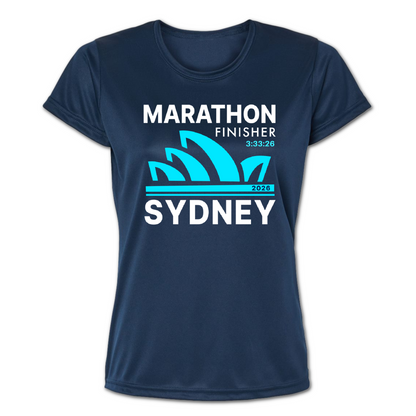 A navy blue short-sleeve crewneck t-shirt featuring a graphic print on the front. The design includes the text 'MARATHON FINISHER 3:35:26' and 'SYDNEY 2026' in white, along with a bright cyan Sydney Opera House silhouette.
