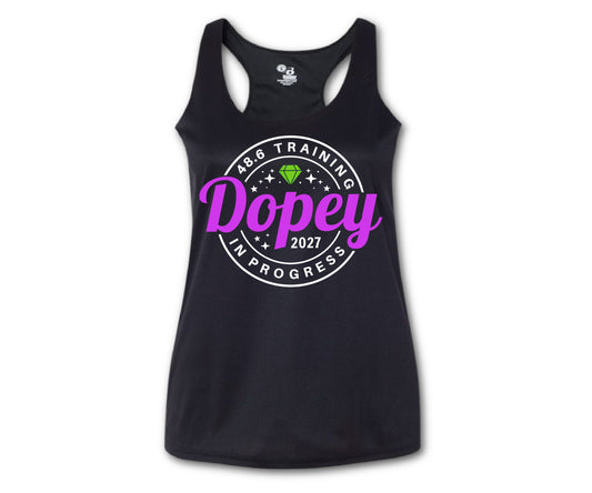 Black tank top with 'Dopey in Progress 2027' text on a white background