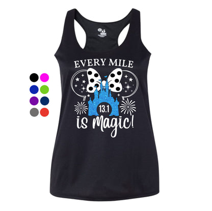 Black tank top with 'Every Mile is Magic!' design on a white background