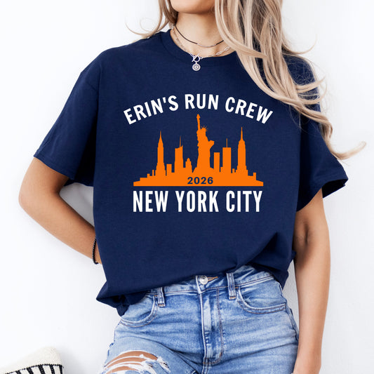 New York City marathon support crew shirt with personalized name and NYC skyline
