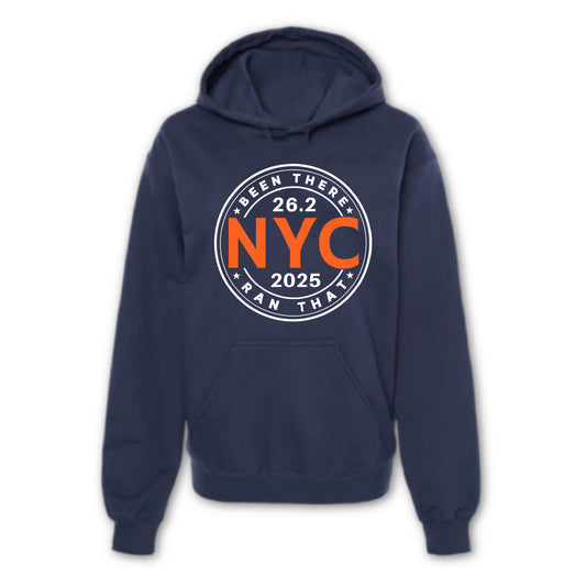 Navy blue hoodie with '26.2 NYC 2025' graphic on a white background nyc marathon finisher