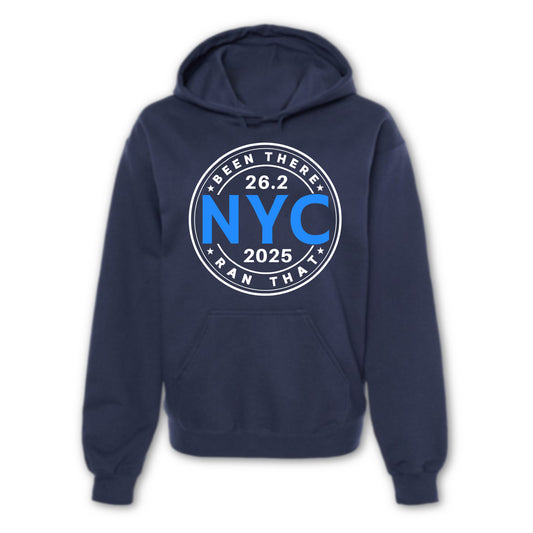 Navy blue hoodie with '26.2 NYC 2025' text on a white background marathon finsher