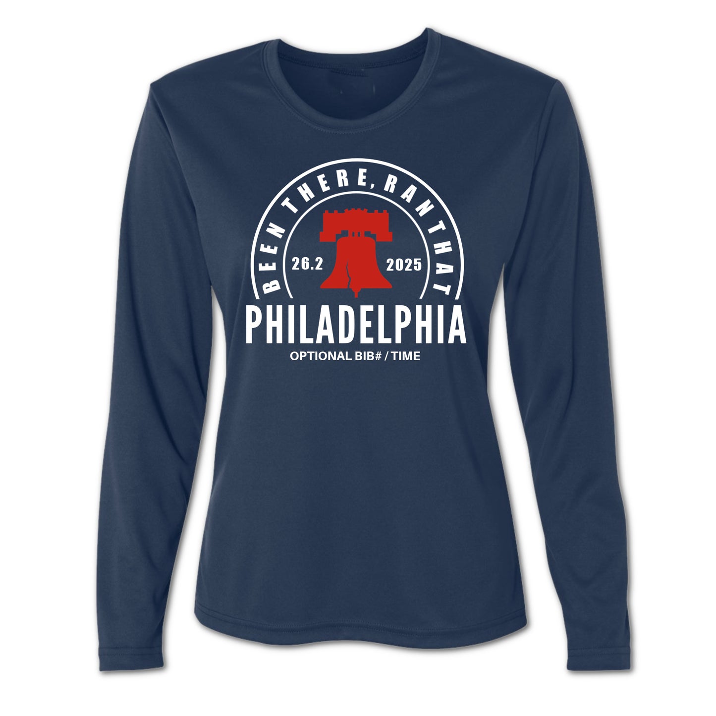 Navy long-sleeve shirt with Philadelphia marathon graphic on a white background