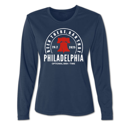 Navy long-sleeve shirt with Philadelphia marathon graphic on a white background