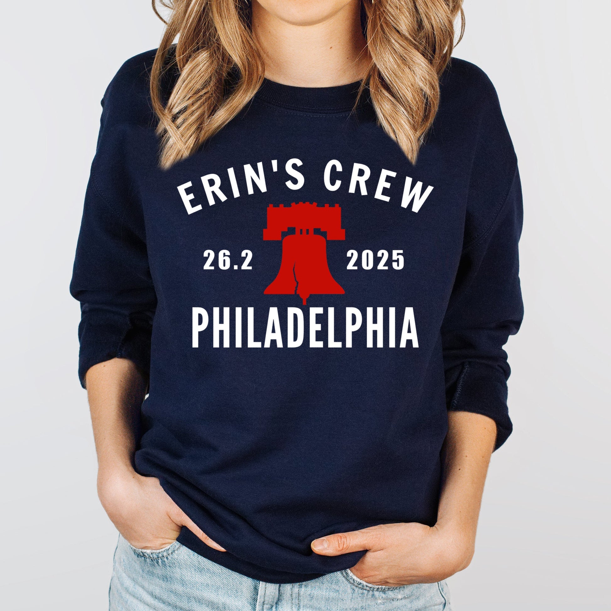 Navy sweatshirt with 'Erin's Crew 26.2 2025 Philadelphia' text and red graphic on a plain background philadelphia marathon support crew shirt