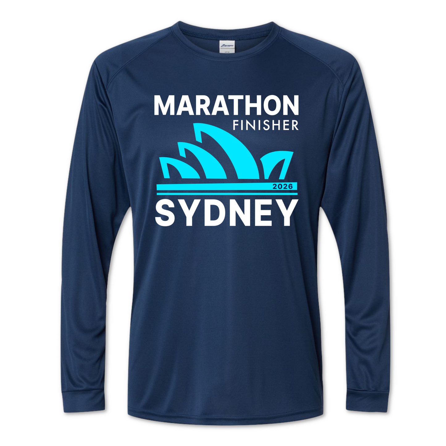A navy blue long-sleeve athletic shirt with a graphic on the front that reads 'MARATHON FINISHER' and 'SYDNEY' in white, with a bright blue Sydney Opera House design and '2023' in small text.