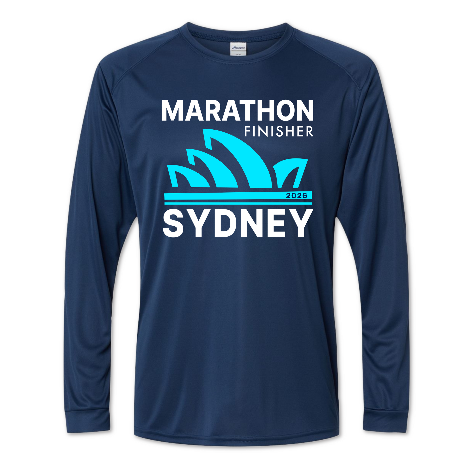 A navy blue long-sleeve athletic shirt with a graphic on the front that reads 'MARATHON FINISHER' and 'SYDNEY' in white, with a bright blue Sydney Opera House design and '2023' in small text.
