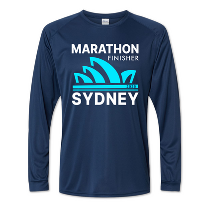A navy blue long-sleeve athletic shirt with a graphic on the front that reads 'MARATHON FINISHER' and 'SYDNEY' in white, with a bright blue Sydney Opera House design and '2023' in small text.